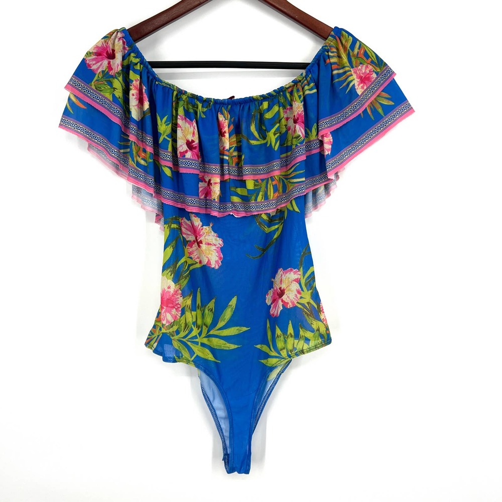 NWOT Jealous Tomato Womens Size Medium Tropical Floral Thong Jumpsuit Blouse Top - Picture 9 of 9